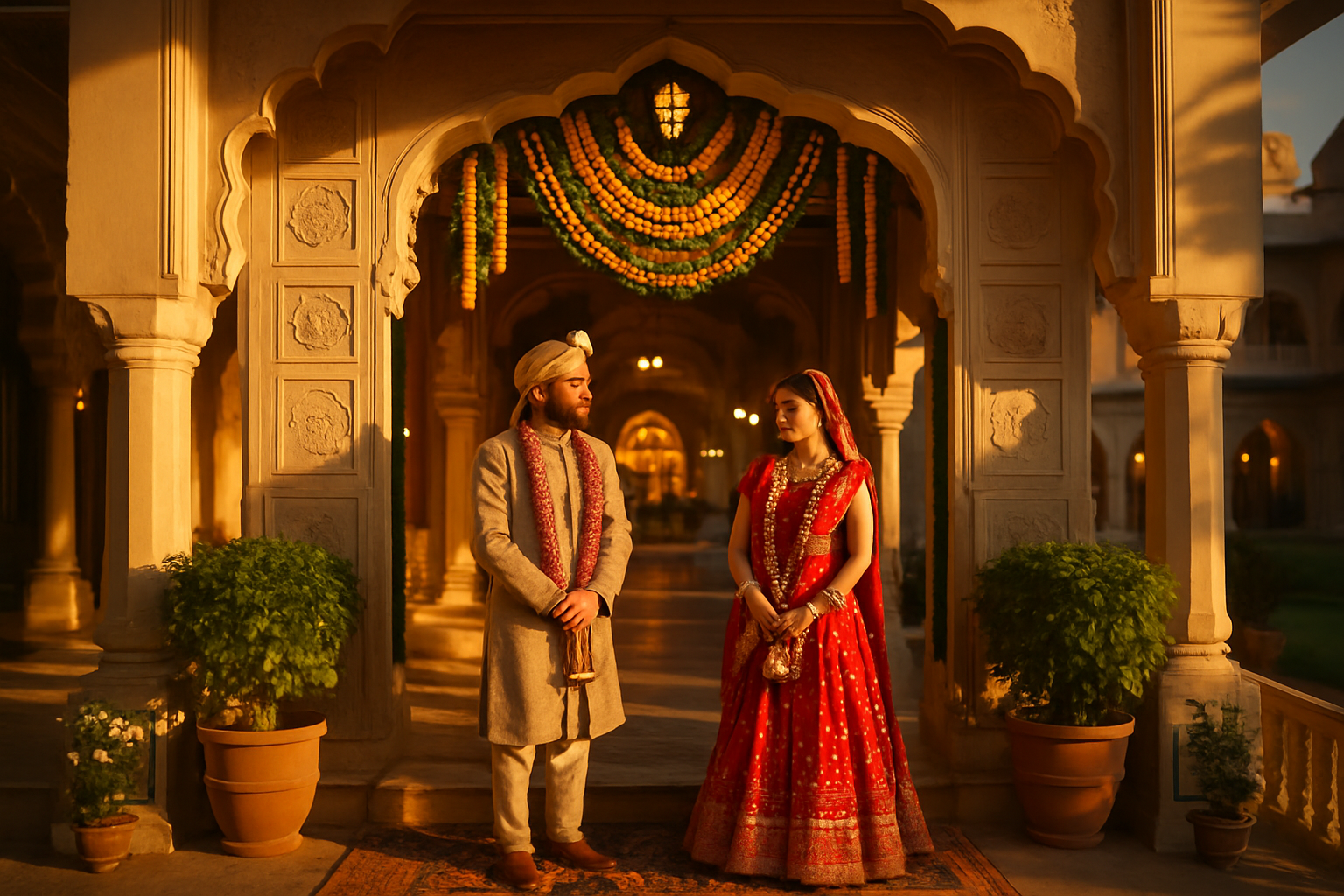Royal palace wedding ceremony in Rajasthan with traditional decorations and entertainment